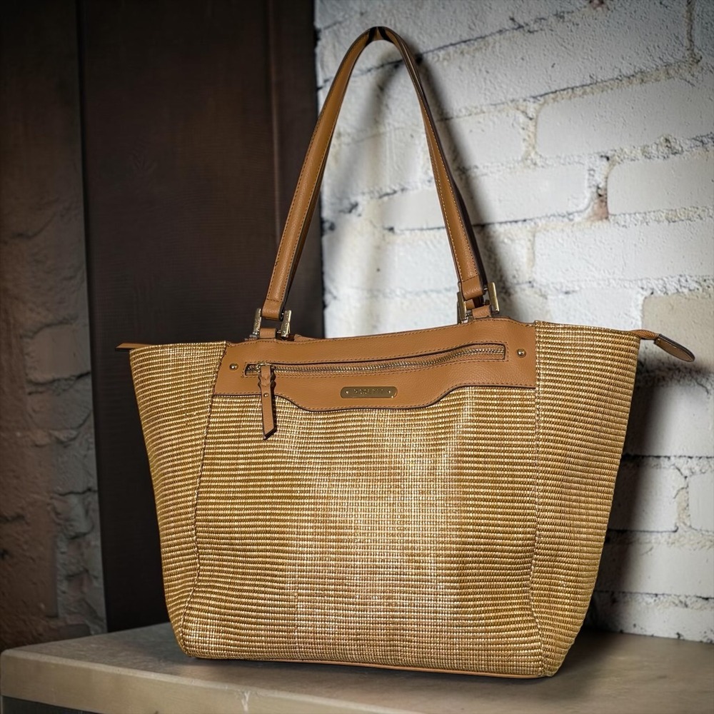 Rosetti Women Tan Woven Straw Faux Leather Trim Multi Compartment Tote Bag Gold
